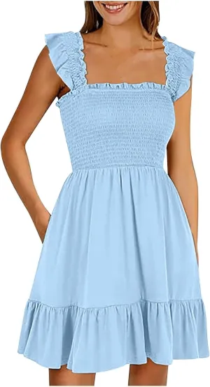 Women's Summer Casual Sleeveless Square Neck Dress Smocked Ruffle Backless Boho Beach Cute Teen Short Sundress 2025
