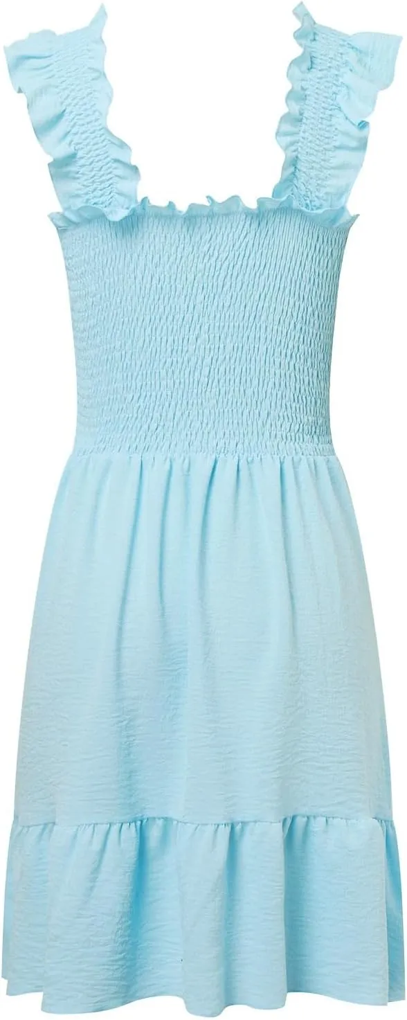 Women's Summer Casual Sleeveless Square Neck Dress Smocked Ruffle Backless Boho Beach Cute Teen Short Sundress 2025