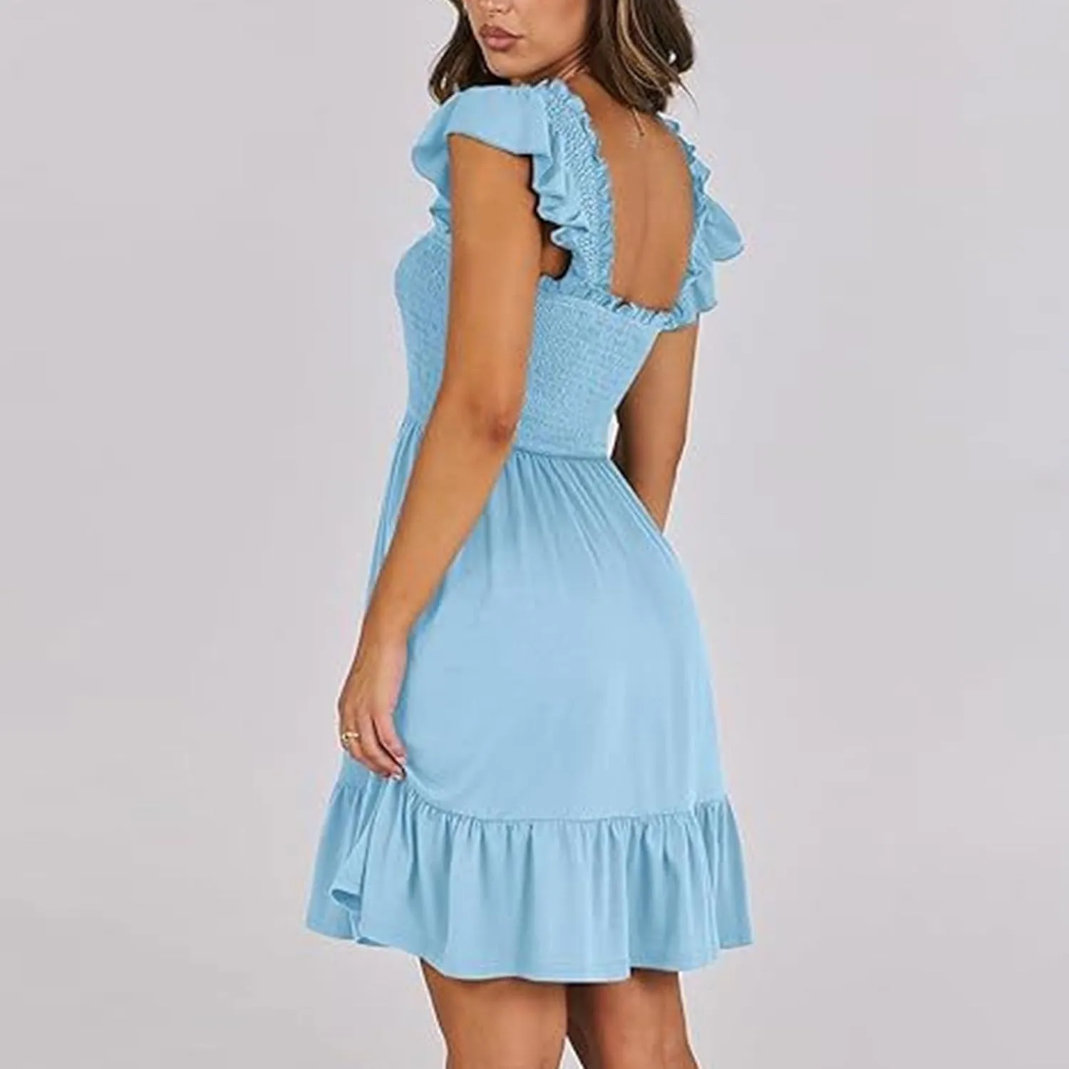 Women's Summer Casual Sleeveless Square Neck Dress Smocked Ruffle Backless Boho Beach Cute Teen Short Sundress 2025