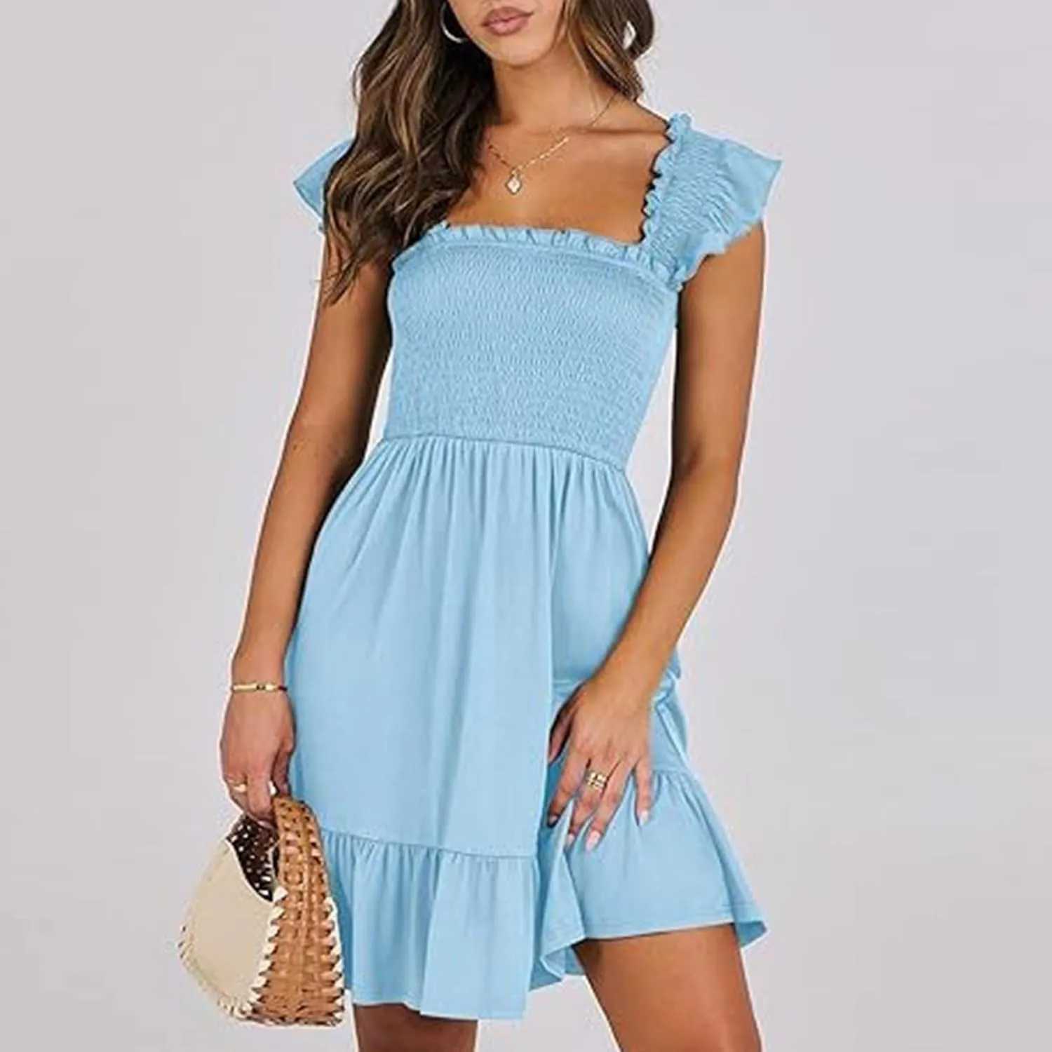 Women's Summer Casual Sleeveless Square Neck Dress Smocked Ruffle Backless Boho Beach Cute Teen Short Sundress 2025