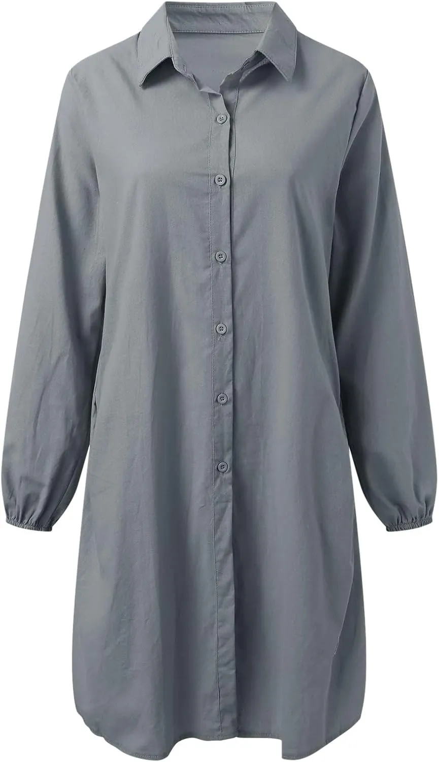 Women's Summer Cotton Half Sleeves Button Down Casual Loose Slit Midi Dress with Pockets Cotton Maxi Shirt Button Down Dress