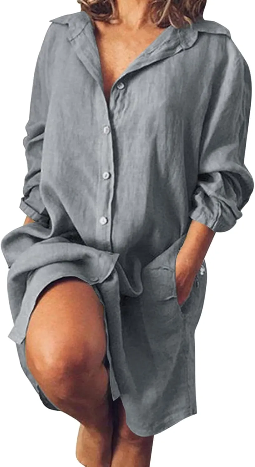 Women's Summer Cotton Half Sleeves Button Down Casual Loose Slit Midi Dress with Pockets Cotton Maxi Shirt Button Down Dress