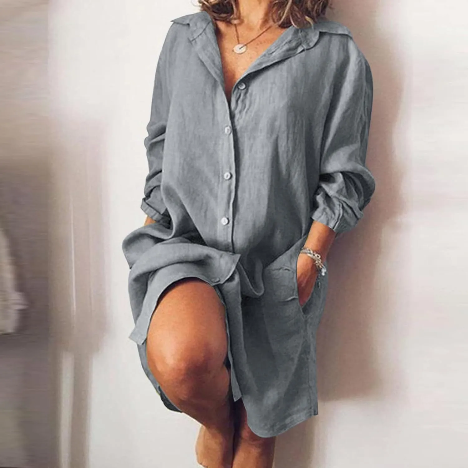 Women's Summer Cotton Half Sleeves Button Down Casual Loose Slit Midi Dress with Pockets Cotton Maxi Shirt Button Down Dress