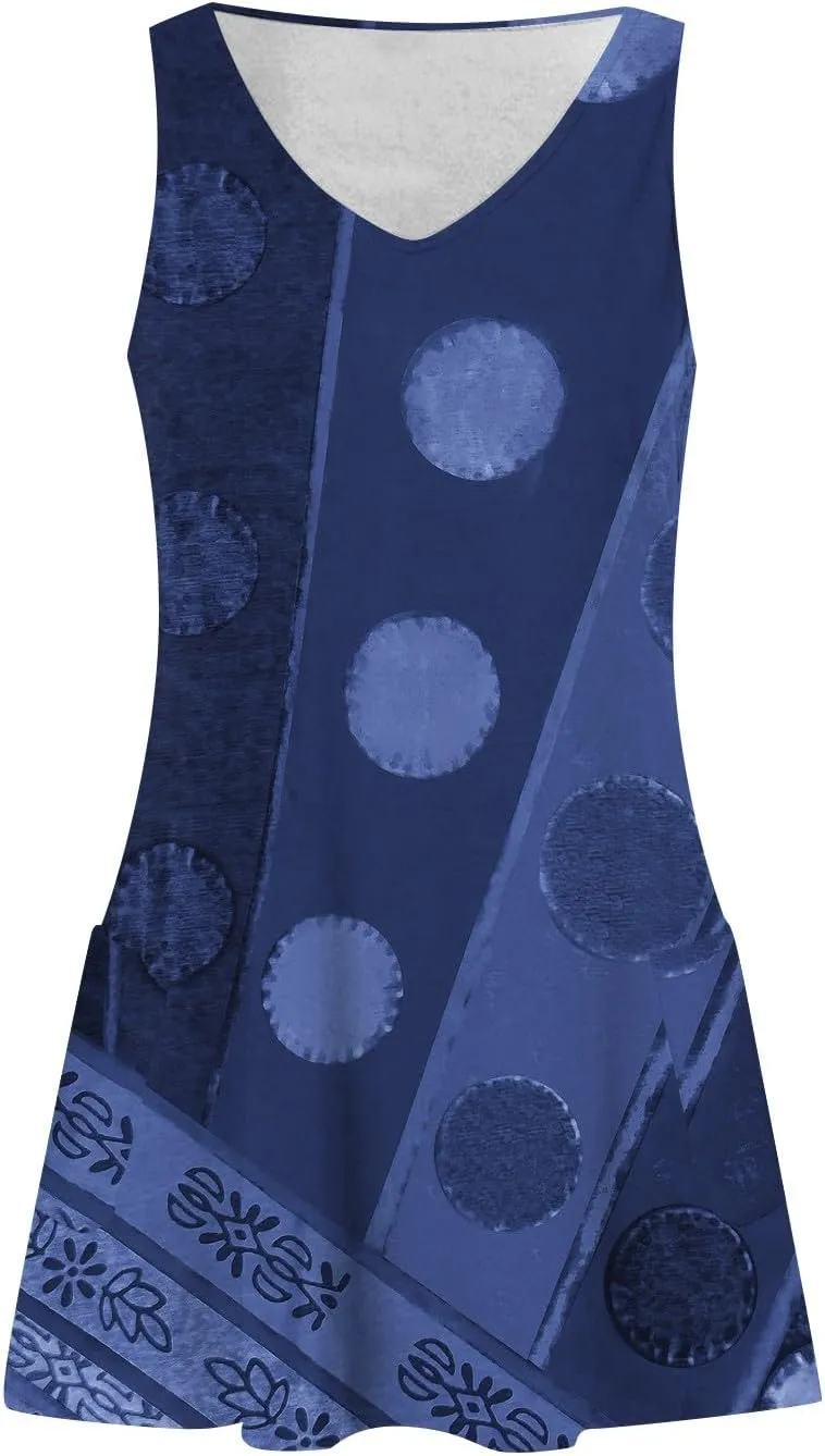 Women's Summer Dresses 2024 Beach Casual Sleeveless Floral Print Boho Tank Dress V Neck Loose Sundress with Pocket