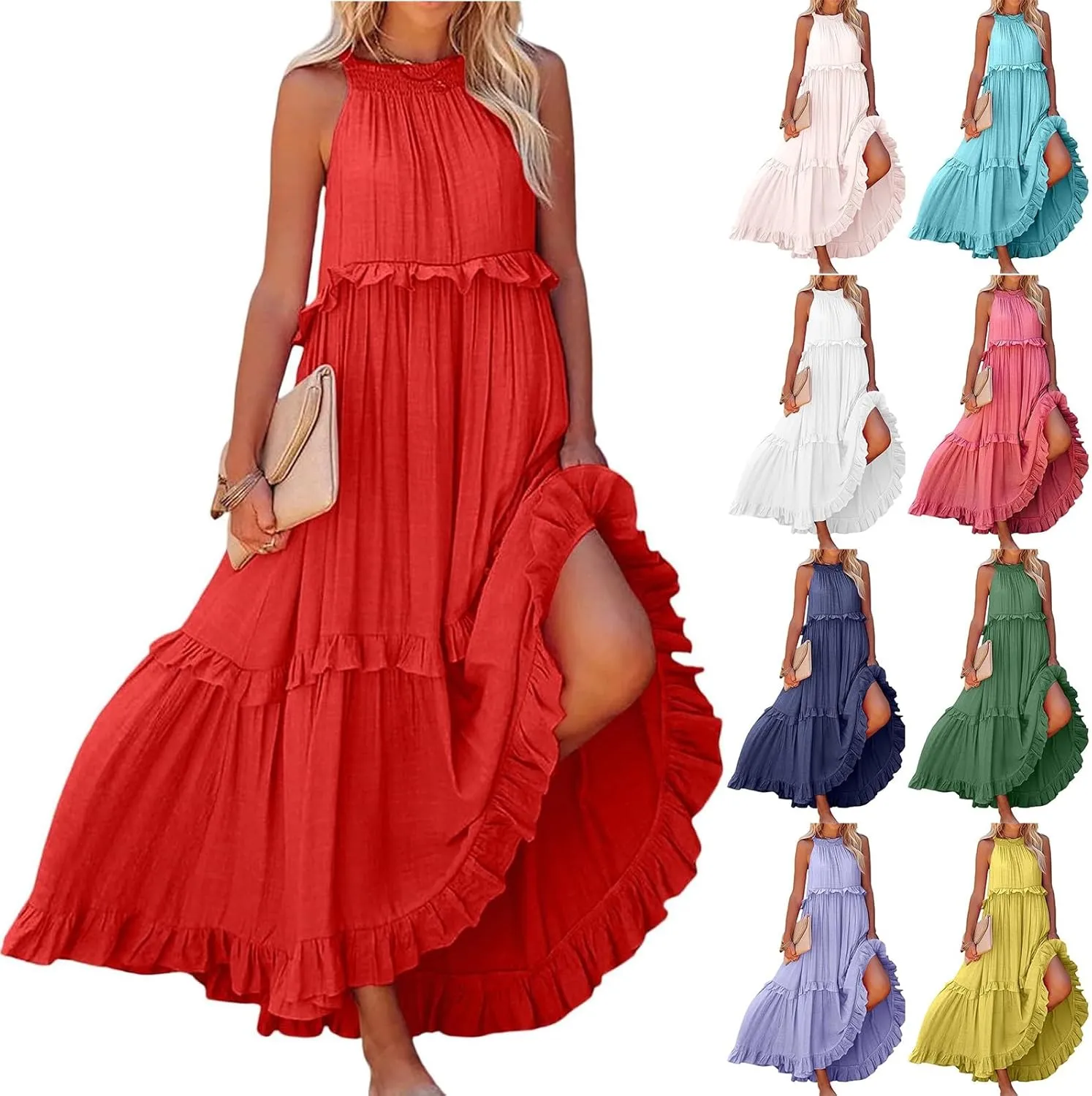 Womens Summer Dresses 2024, Swing Beach Maxi Dress Casual Boho Off Shoulder Sleeveless Loose Flowy Trendy Sundress
