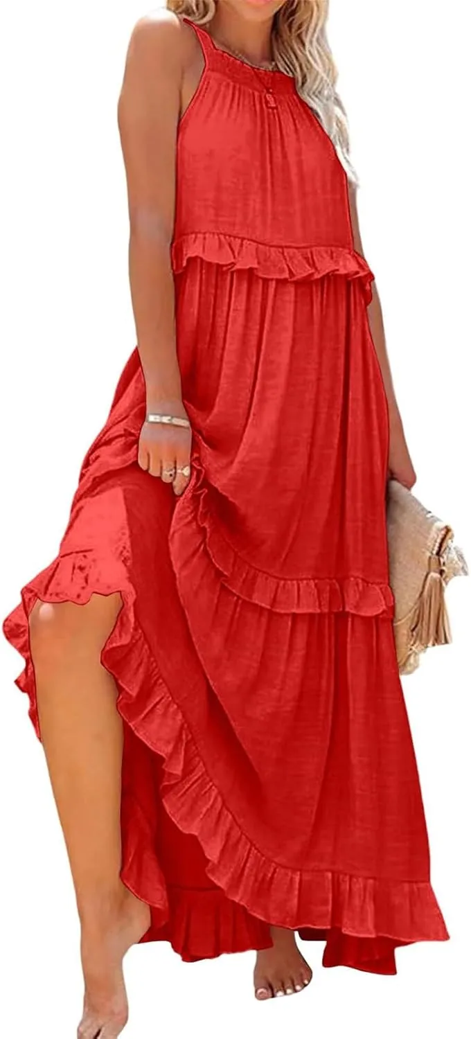 Womens Summer Dresses 2024, Swing Beach Maxi Dress Casual Boho Off Shoulder Sleeveless Loose Flowy Trendy Sundress