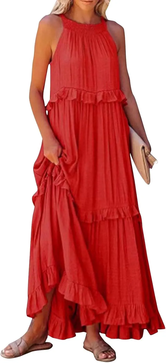 Womens Summer Dresses 2024, Swing Beach Maxi Dress Casual Boho Off Shoulder Sleeveless Loose Flowy Trendy Sundress
