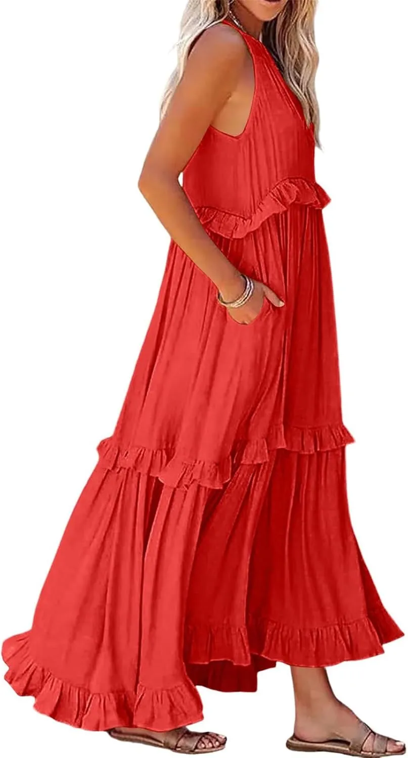 Womens Summer Dresses 2024, Swing Beach Maxi Dress Casual Boho Off Shoulder Sleeveless Loose Flowy Trendy Sundress