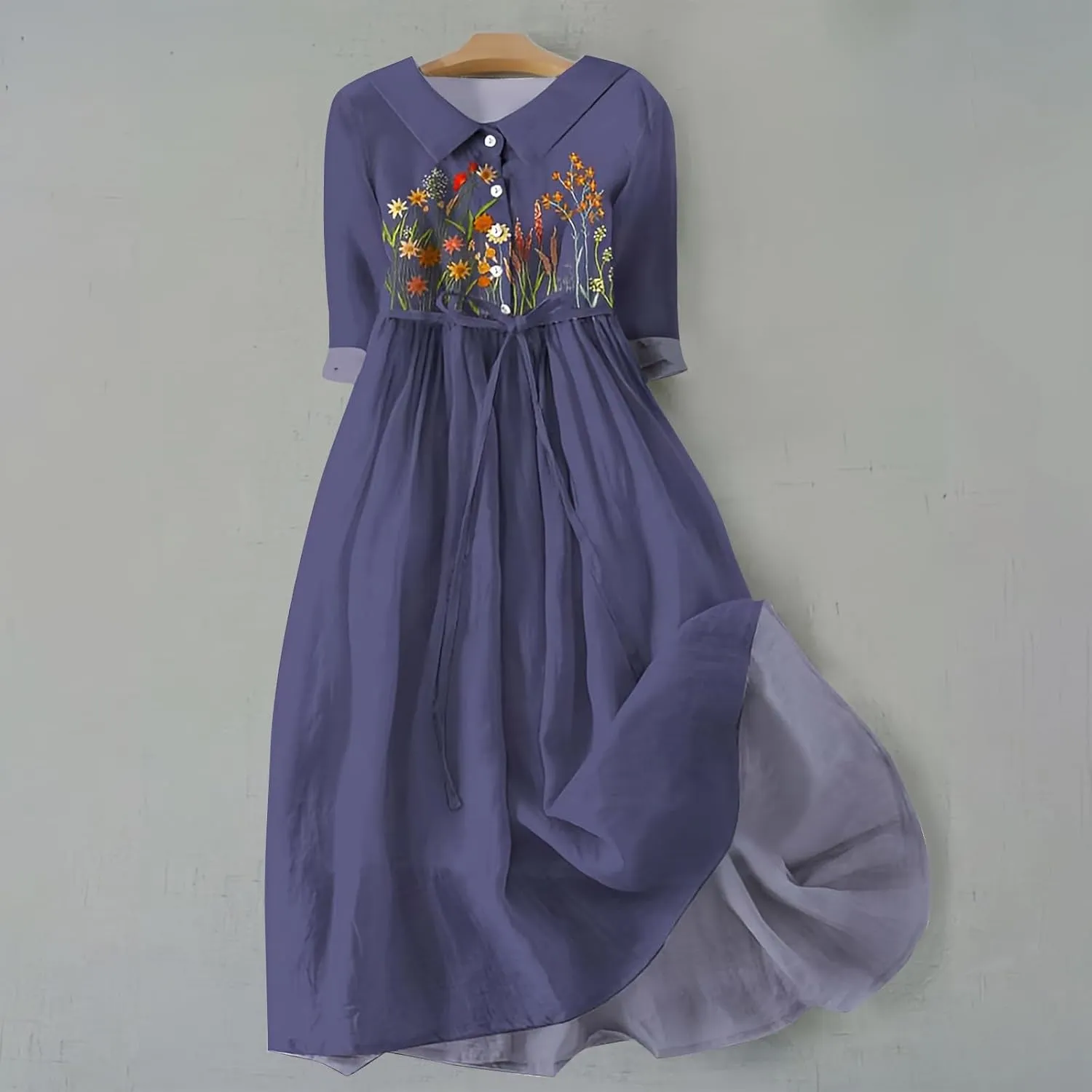 Womens Summer Dresses Boho Floral Lapel Neck Button Casual A-Line Lace-Up Dress Cruise Outfits 2024 Blue Dresses