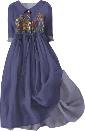 Womens Summer Dresses Boho Floral Lapel Neck Button Casual A-Line Lace-Up Dress Cruise Outfits 2024 Blue Dresses