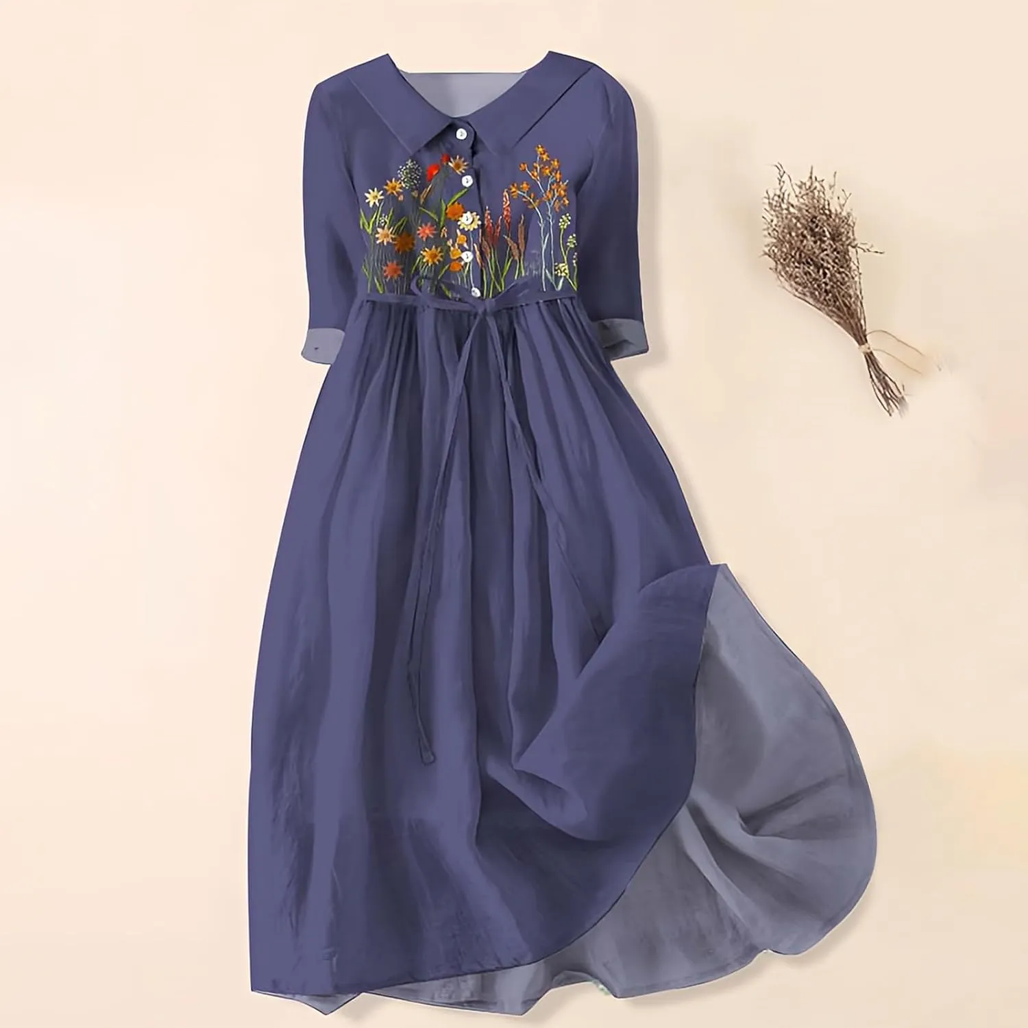 Womens Summer Dresses Boho Floral Lapel Neck Button Casual A-Line Lace-Up Dress Cruise Outfits 2024 Blue Dresses