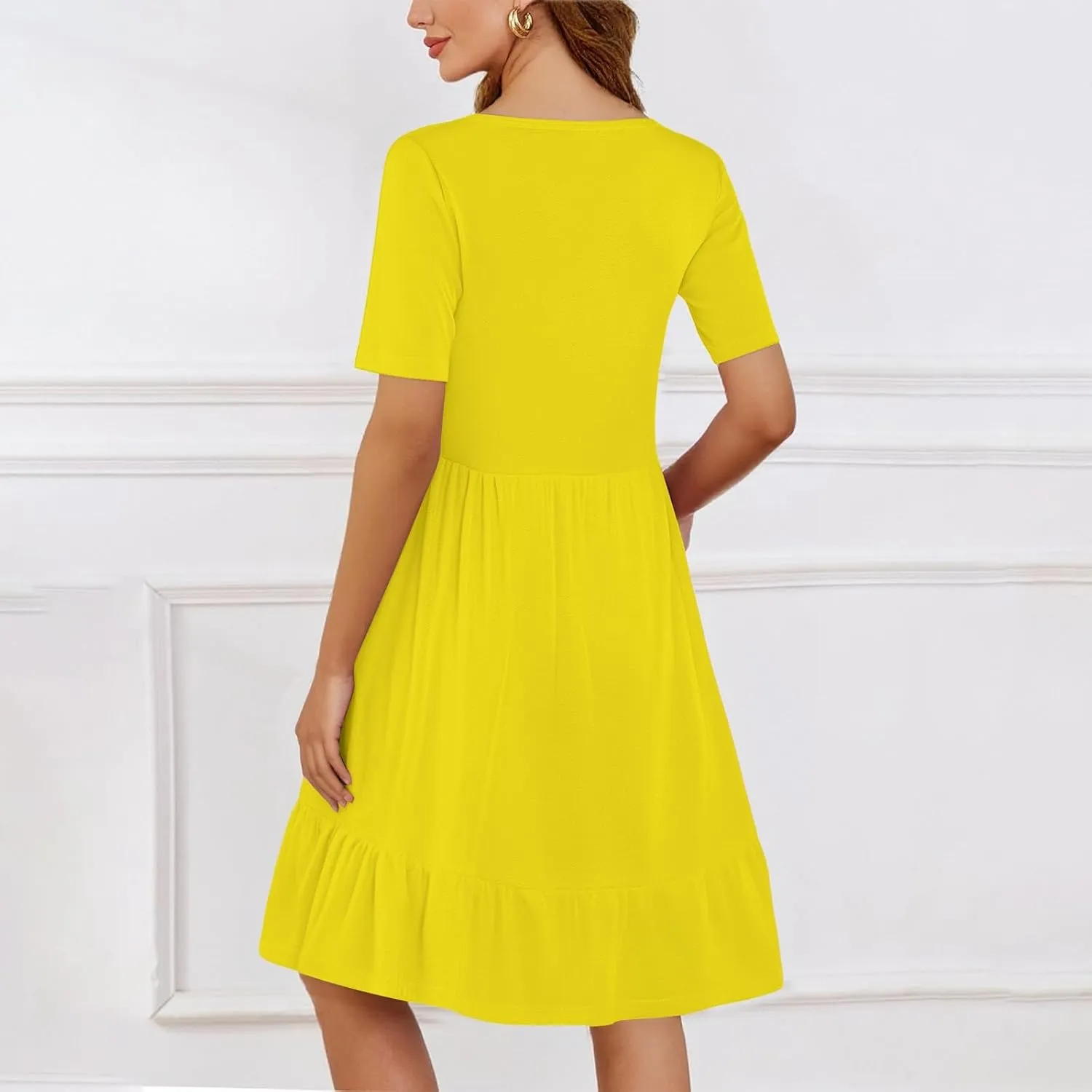 Womens Summer Dresses Short Sleeve O Neck Pleated Swing Mini Dress Solid Color Ruffle Hem Beach Vacation Sundress