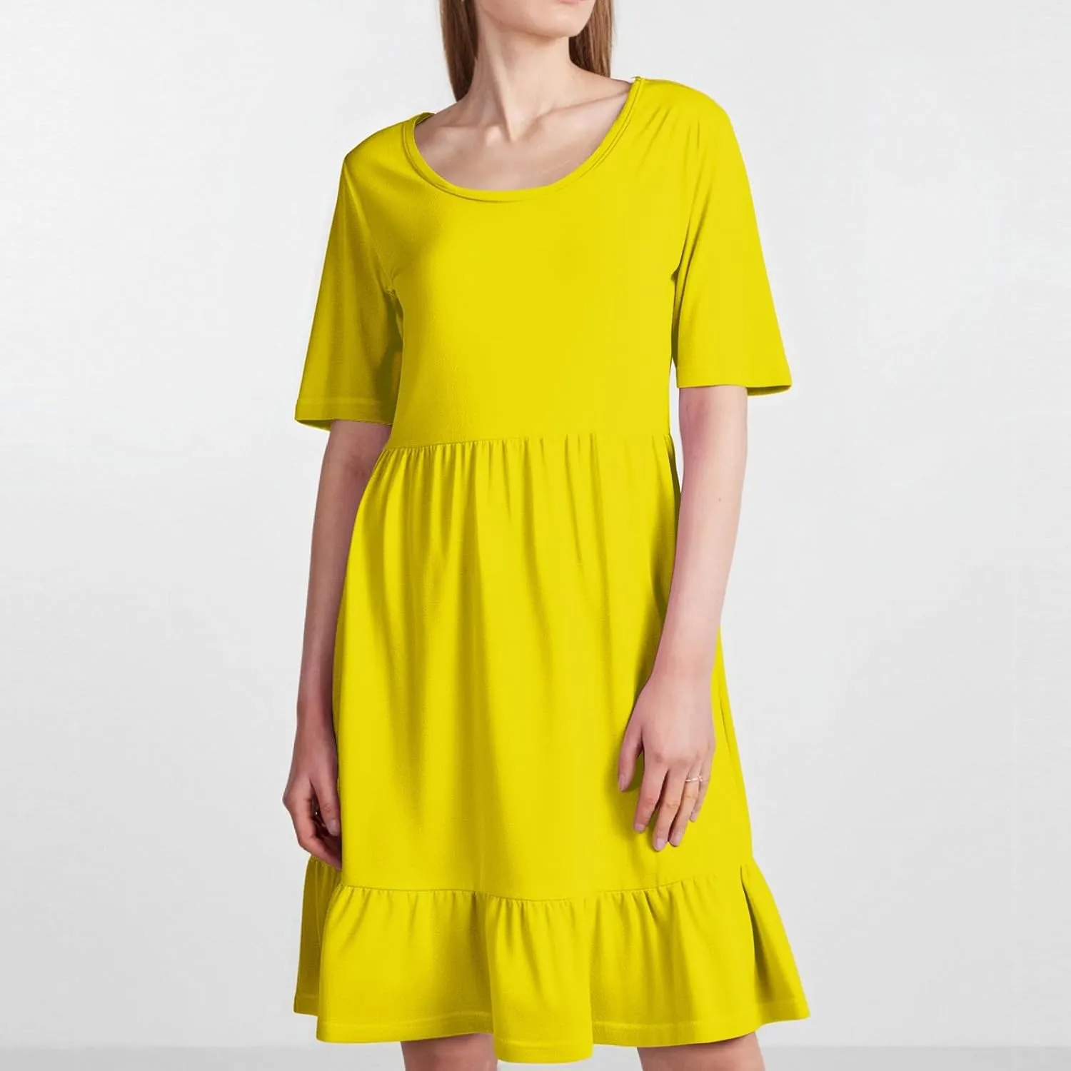 Womens Summer Dresses Short Sleeve O Neck Pleated Swing Mini Dress Solid Color Ruffle Hem Beach Vacation Sundress