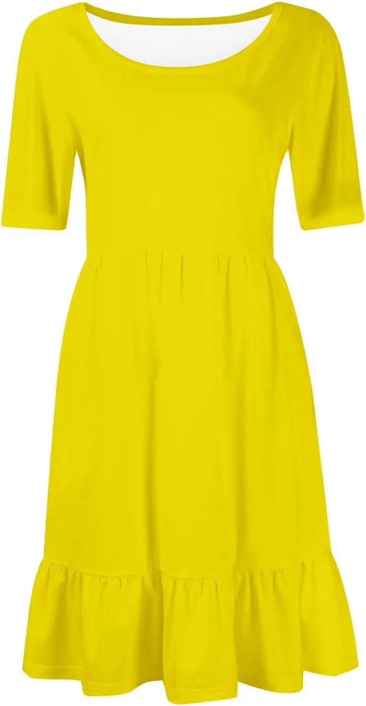 Womens Summer Dresses Short Sleeve O Neck Pleated Swing Mini Dress Solid Color Ruffle Hem Beach Vacation Sundress