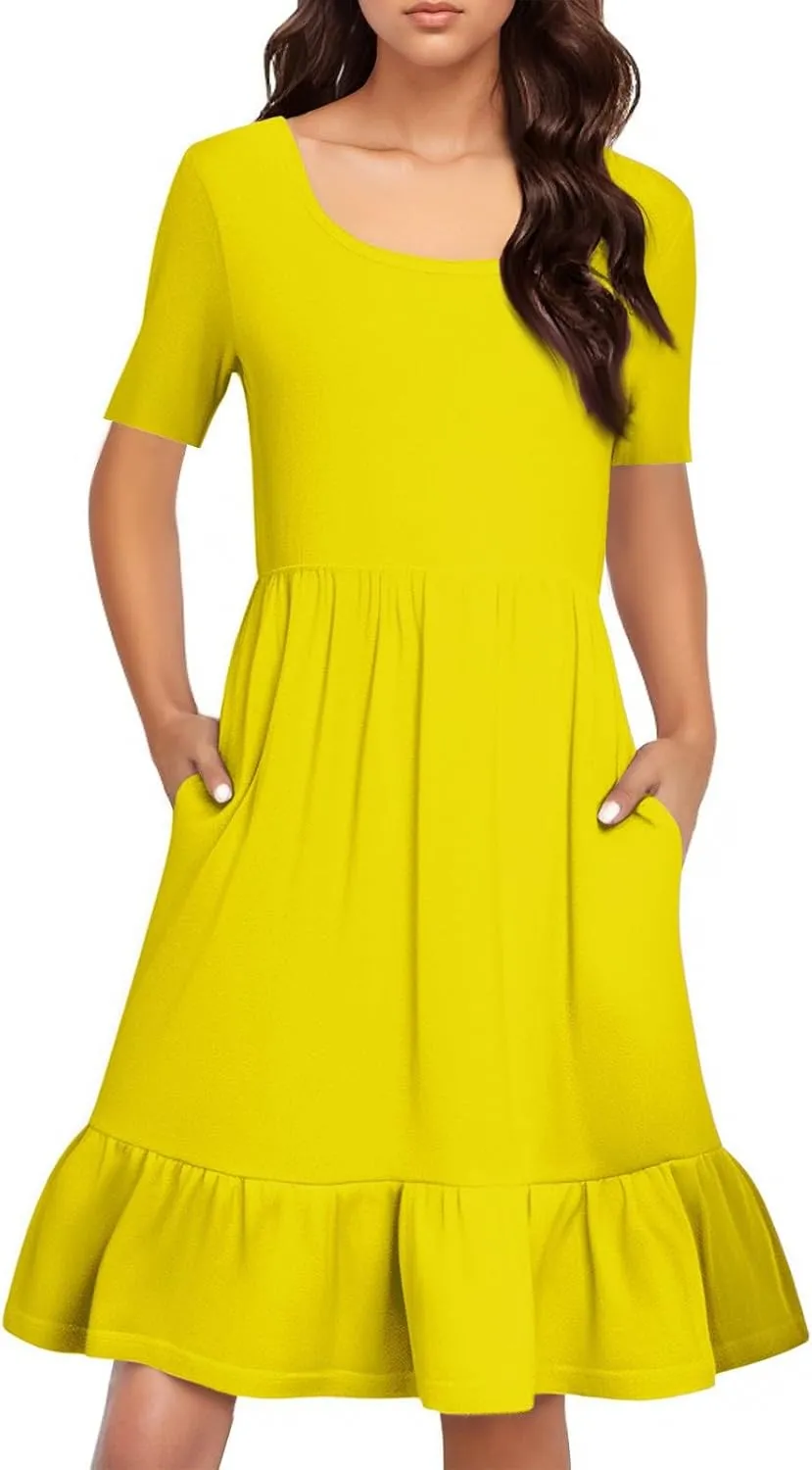 Womens Summer Dresses Short Sleeve O Neck Pleated Swing Mini Dress Solid Color Ruffle Hem Beach Vacation Sundress