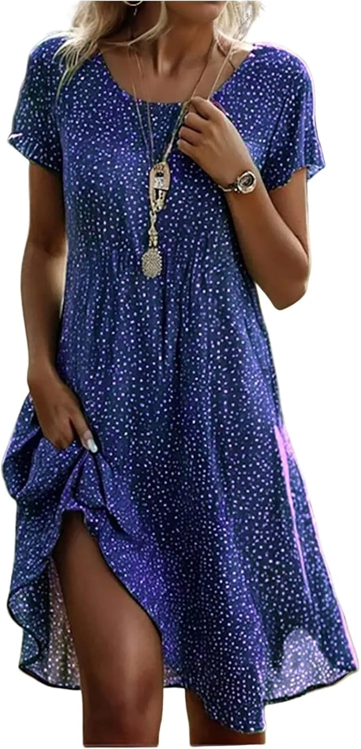 Women's Summer Floral Sundresses with Pockets, Loose Fit Short Sleeve Round Neck Knee Length Boho Beach Dress