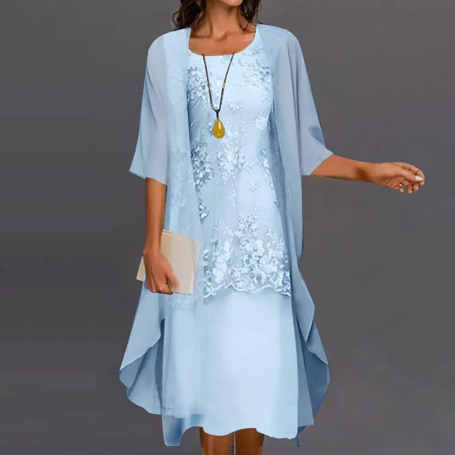 Womens Summer Lace Midi Dresses 2 Piece Sets with Sheer Mesh Cardigan Crew Neck Loose Beach Casual Flowy Dress