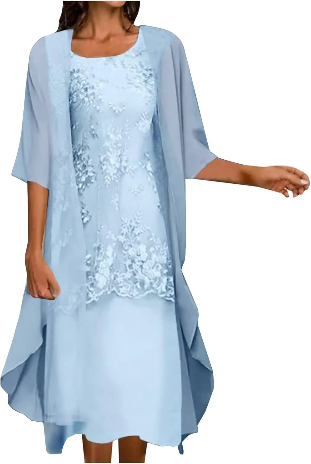 Womens Summer Lace Midi Dresses 2 Piece Sets with Sheer Mesh Cardigan Crew Neck Loose Beach Casual Flowy Dress