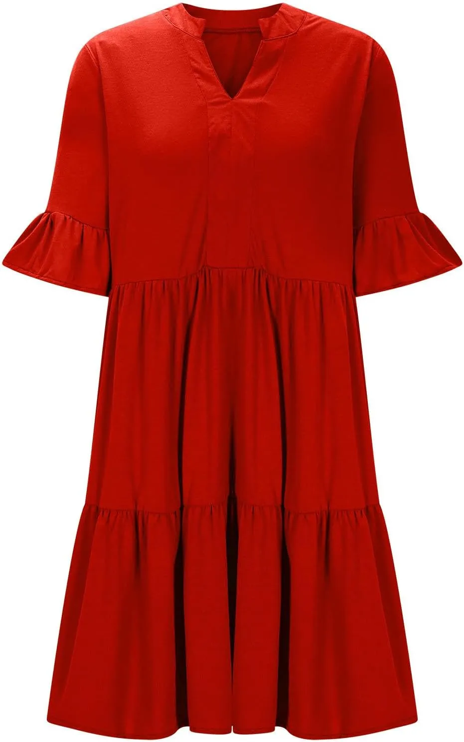 Women's Summer V Neck Shirt Dress Casual Flutter Bell Short Sleeve A-Line Swing Tiered Ruffle Mini Dresses with Pockets