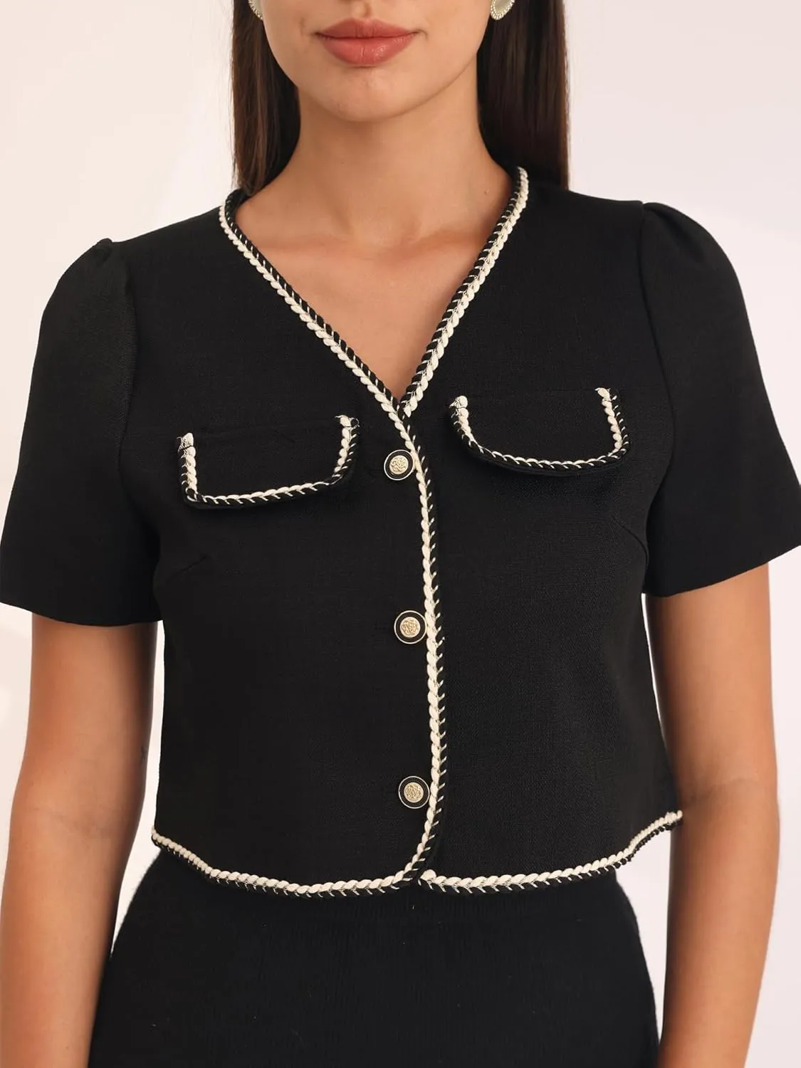 Women's Tweed Jacket Contrast Color Button Down Short Sleeve Work Office Blazer