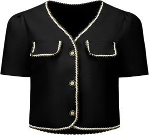 Women's Tweed Jacket Contrast Color Button Down Short Sleeve Work Office Blazer