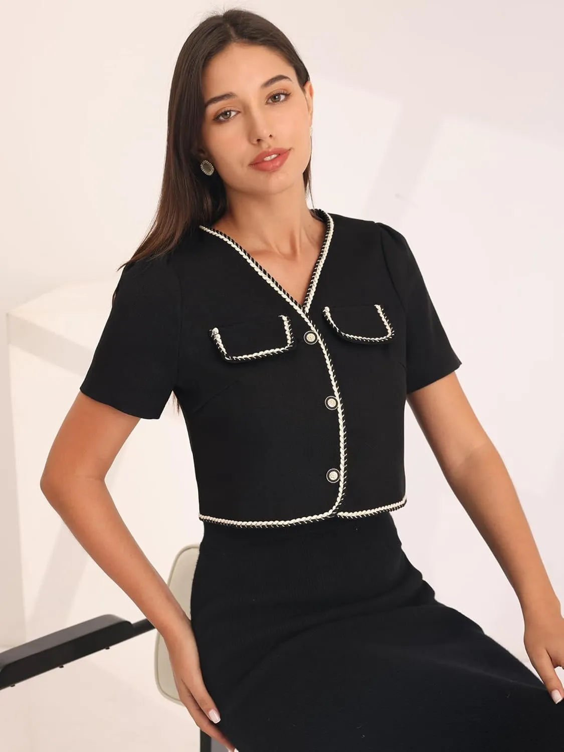 Women's Tweed Jacket Contrast Color Button Down Short Sleeve Work Office Blazer