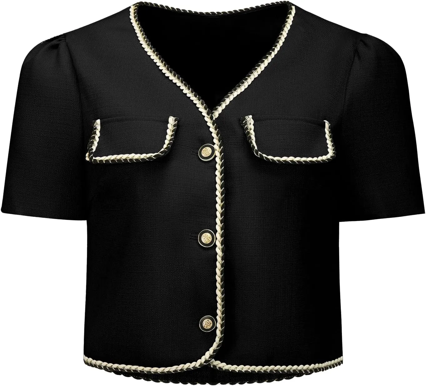 Women's Tweed Jacket Contrast Color Button Down Short Sleeve Work Office Blazer