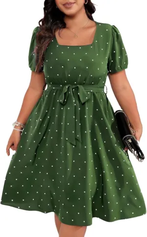 Women's Vintage Square Neck Cocktail Swing Dress 1950s Short Sleeve Plus Size Polka Dot Prom Midi Evening Dresses