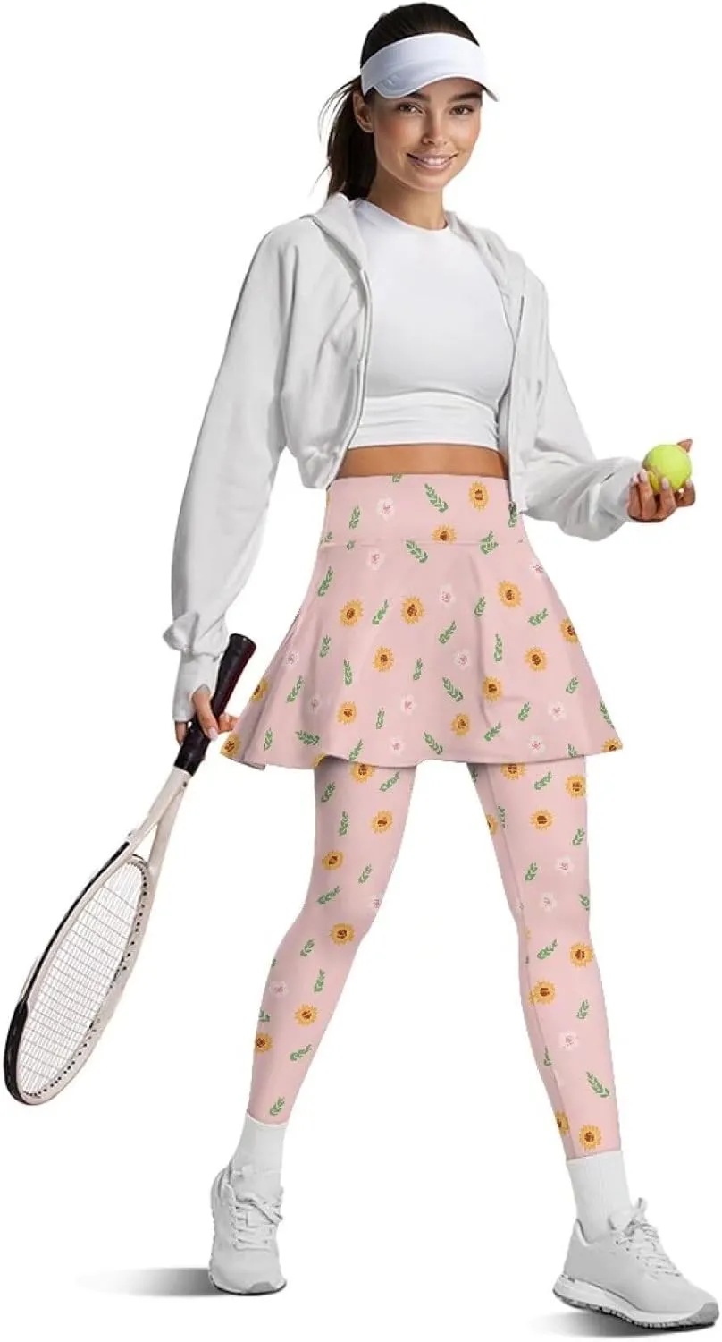 Womens Yoga Leggings with Skirts Tennis Skirts with Stretchy Sport Pants Skirted XS-3XL