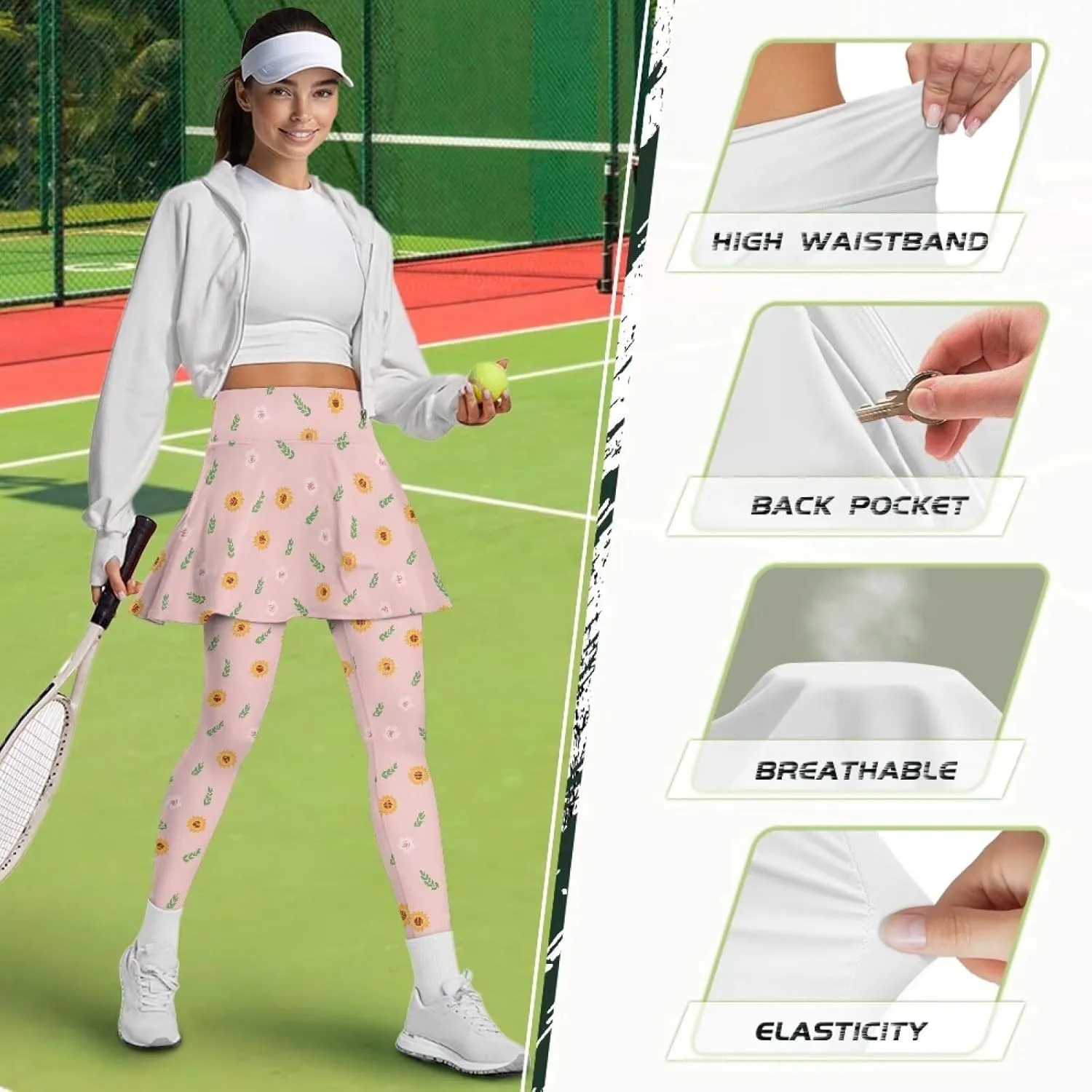 Womens Yoga Leggings with Skirts Tennis Skirts with Stretchy Sport Pants Skirted XS-3XL