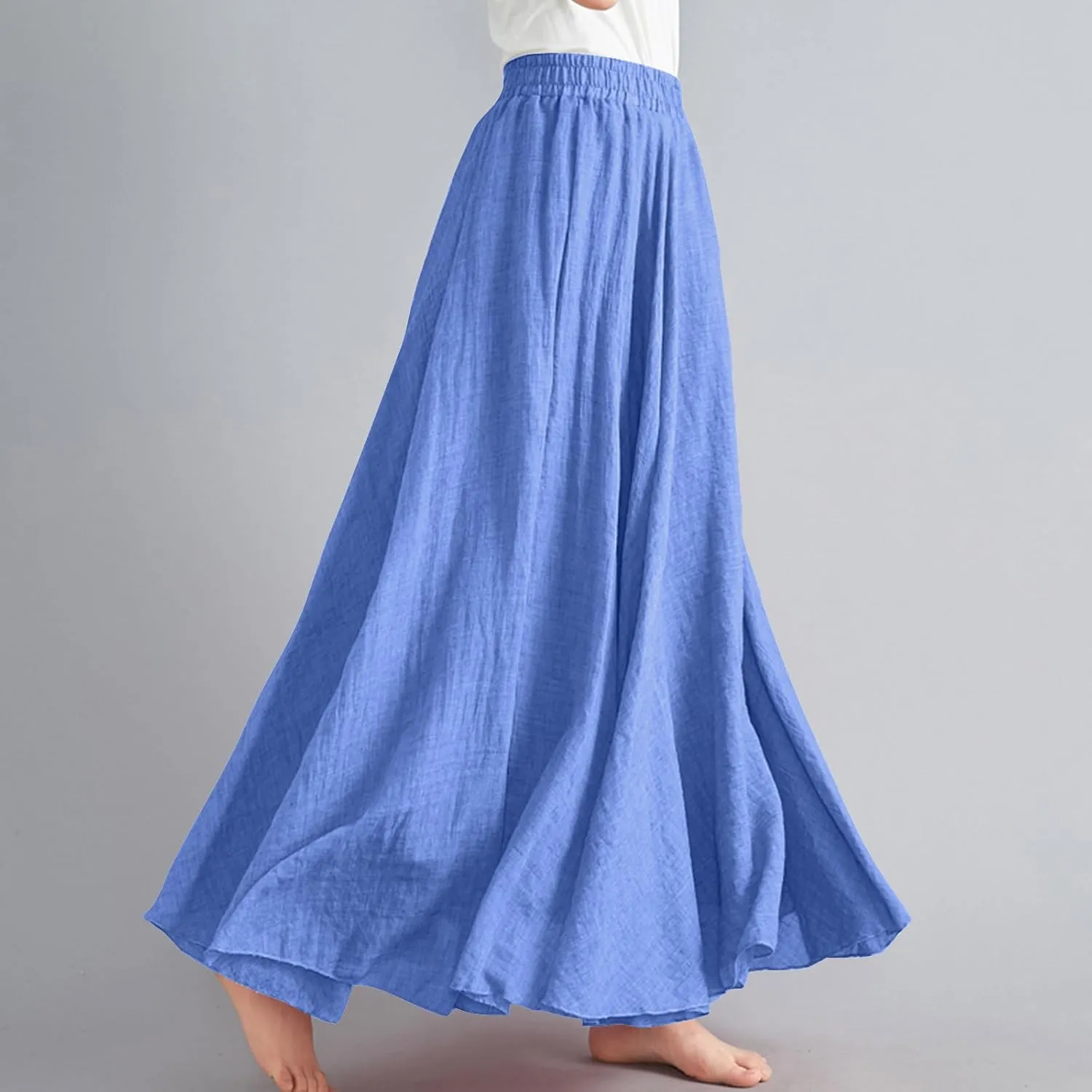 XUNRYAN Linen Maxi Skirt Womens Summer Bohemian Long Skirt Cotton Elastic High Waisted Flowy Pleated Skirts Vacation Outfit