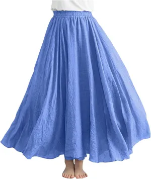 XUNRYAN Linen Maxi Skirt Womens Summer Bohemian Long Skirt Cotton Elastic High Waisted Flowy Pleated Skirts Vacation Outfit