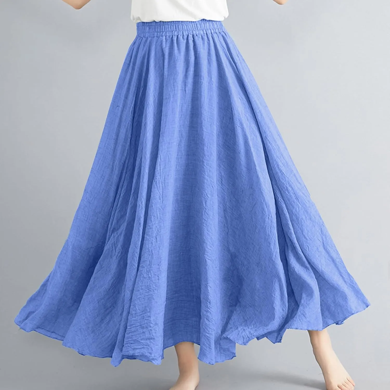 XUNRYAN Linen Maxi Skirt Womens Summer Bohemian Long Skirt Cotton Elastic High Waisted Flowy Pleated Skirts Vacation Outfit