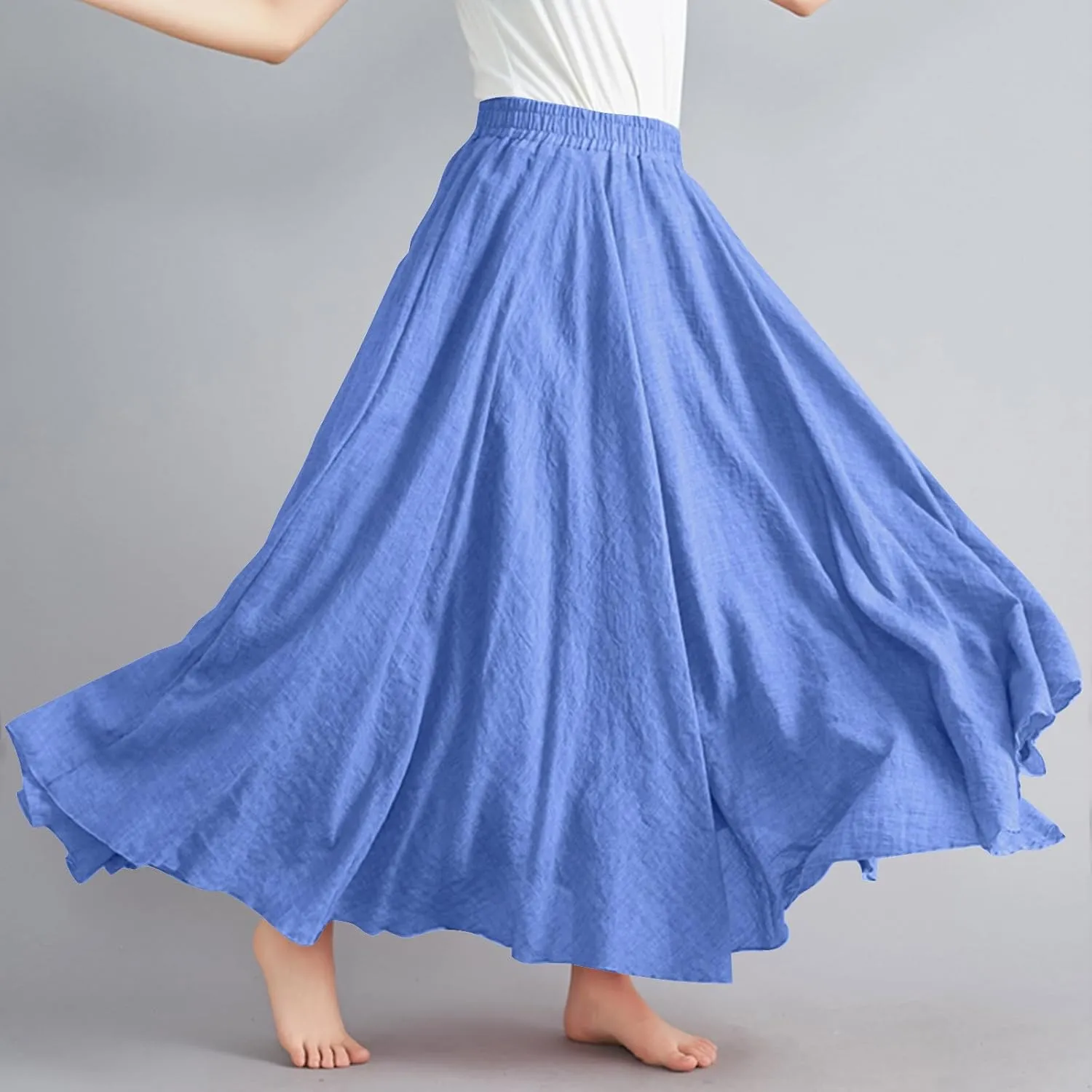 XUNRYAN Linen Maxi Skirt Womens Summer Bohemian Long Skirt Cotton Elastic High Waisted Flowy Pleated Skirts Vacation Outfit
