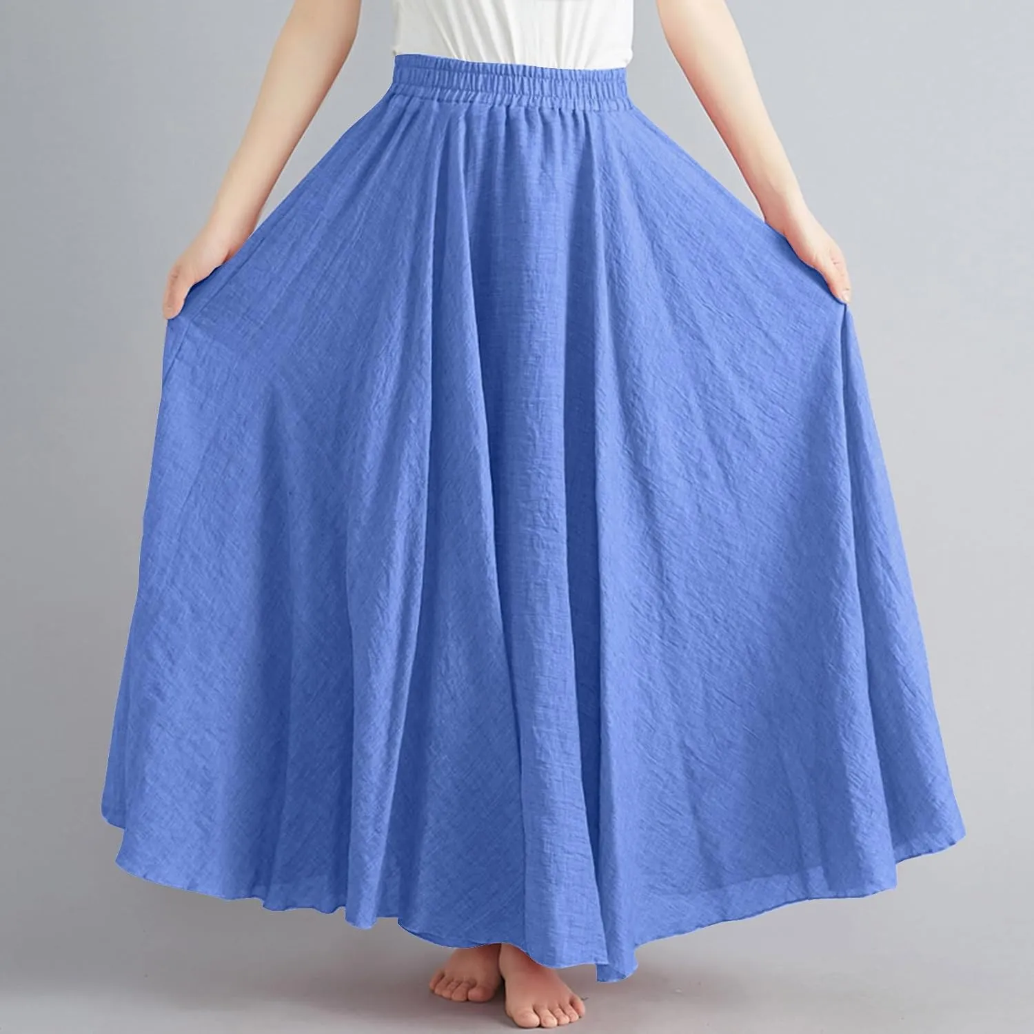 XUNRYAN Linen Maxi Skirt Womens Summer Bohemian Long Skirt Cotton Elastic High Waisted Flowy Pleated Skirts Vacation Outfit