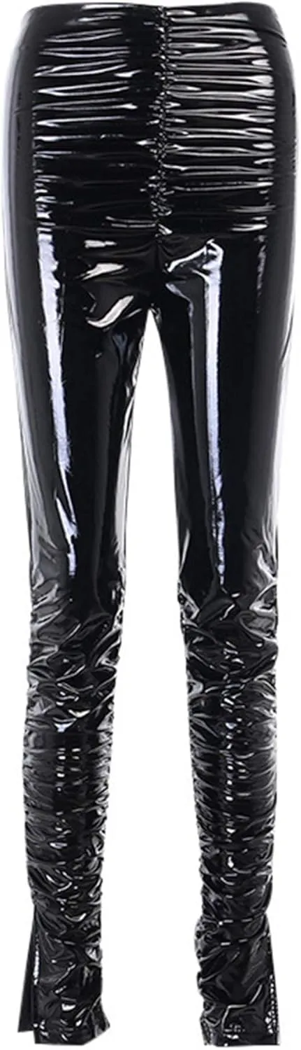 xxxiticat Women's Pleated PU Leather Pants High Wasit Bodycon Ruched Split Hem Faux Leather Club Legging Trousers