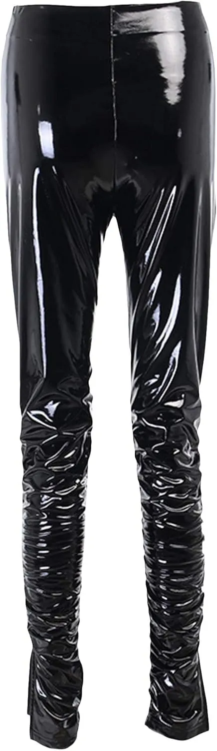 xxxiticat Women's Pleated PU Leather Pants High Wasit Bodycon Ruched Split Hem Faux Leather Club Legging Trousers