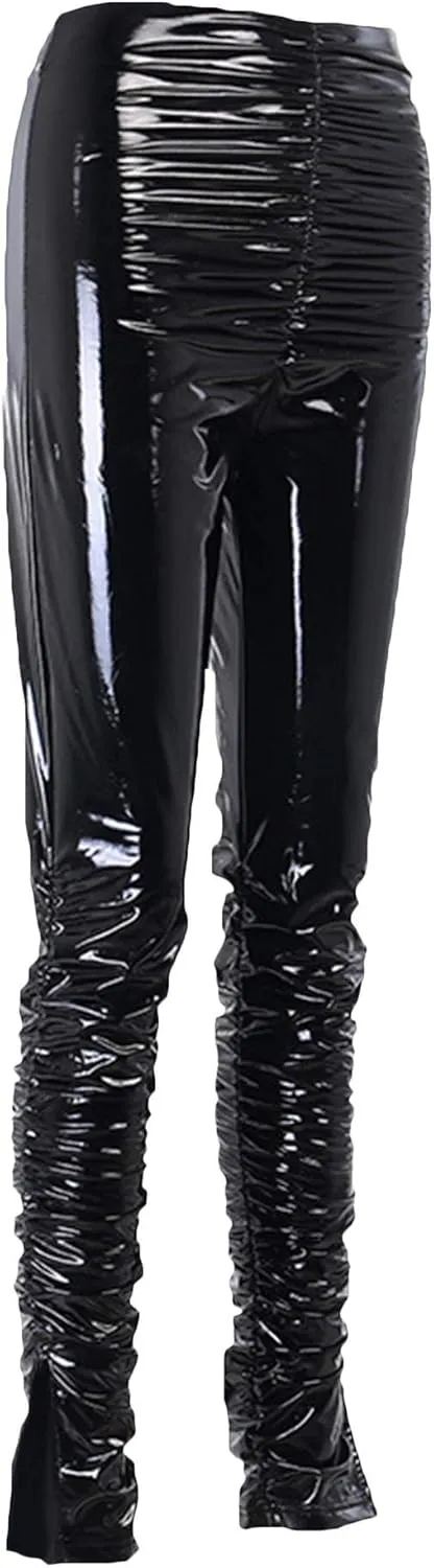 xxxiticat Women's Pleated PU Leather Pants High Wasit Bodycon Ruched Split Hem Faux Leather Club Legging Trousers